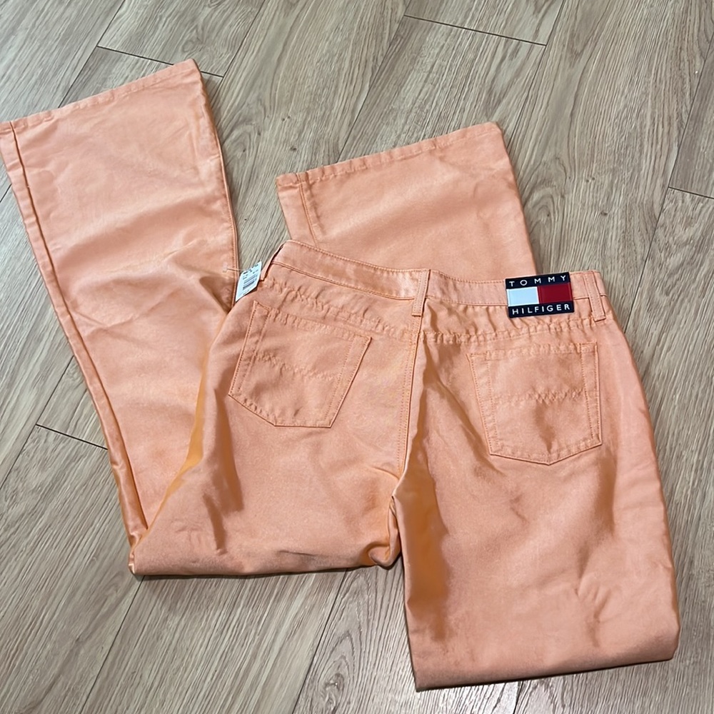Tommy Hilfiger Reflective Metallic Pastel Orange Flare Pants Disco Twill